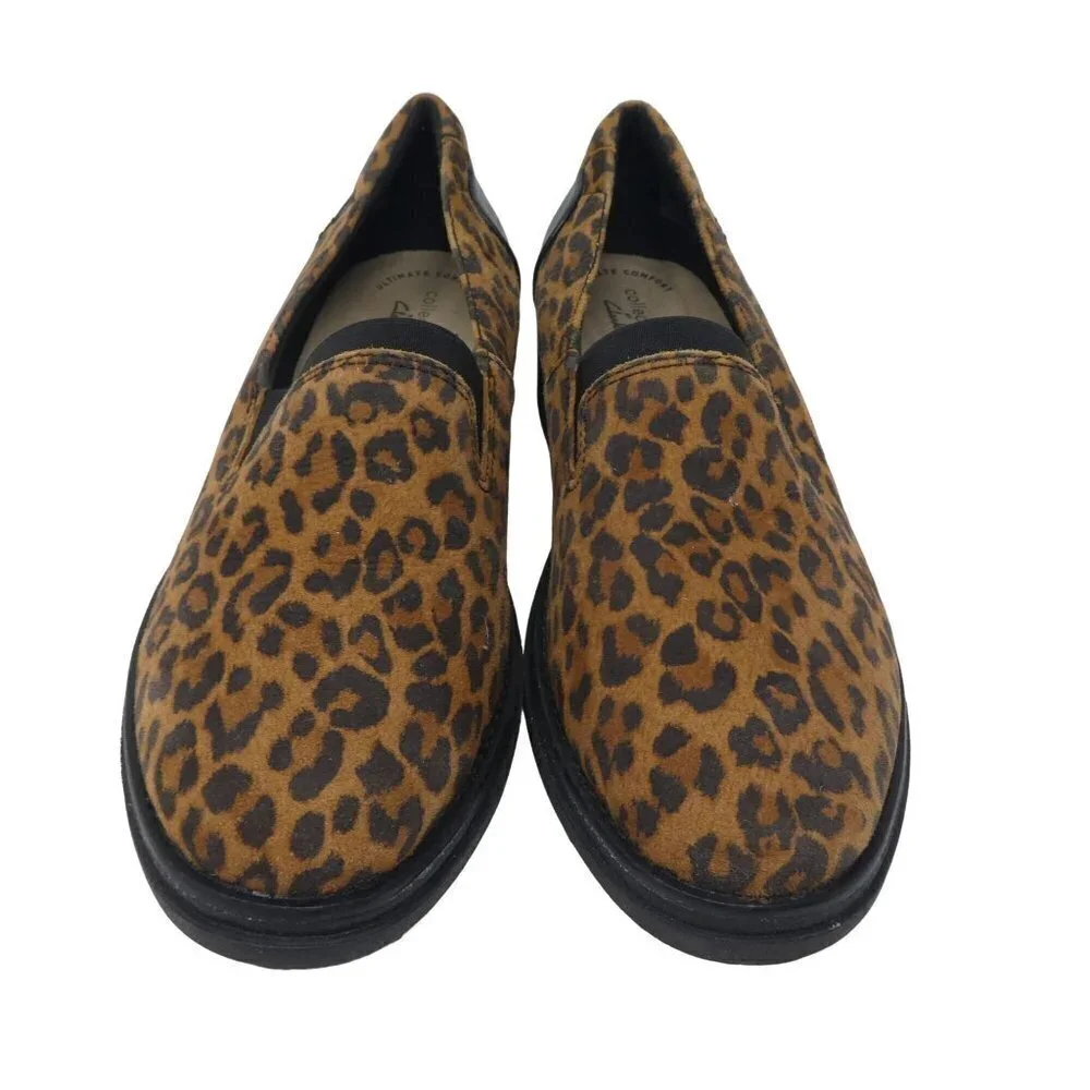 Clarks Collection Sharon Dolly Leopard Print Suede Wedge Heel Shoes Womens 7